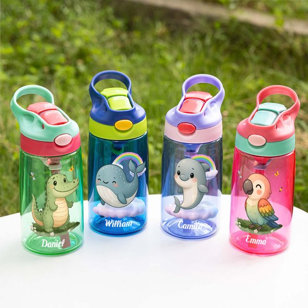 Personalisierte Waldtier 16 oz Kind Wasserflasche mit Silikon Stroh und Griff zurück zu Schule Geburtstag Urlaub Geschenk für Jungen Mädchen