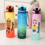 Personalized Gradient Cartoon Soccer Boy Girl 32 oz Leakproof Motivational Sports Water Bottle with Name and Time Marker Gift for Gym Soccer Lovers