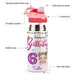 Personaje de dibujos animados personalizado Botella de agua isotérmica para niños de 12 oz con asa y pajita de silicona Regalo de cumpleaños de vuelta al cole para niños y niñas