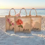 Personalized Birth Flower Large Beach Jute Tote Bag with Name Mother's Day Birthday Wedding Party Gift for Women