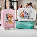 Boîte à bijoux en cuir PU avec nom et miroir de maquillage LED de couleur changeante Cadeau d'anniversaire et de mariage pour femmes