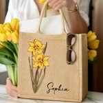 Personalized Birth Flower Large Beach Jute Tote Bag with Name Mother's Day Birthday Wedding Party Gift for Women