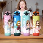 Personalisierte Cartoon Yoga Mädchen Gradient 32 oz Wasserflasche mit Namen und Zeit Marker Ausbildung Hydratation Geburtstag Geschenk für Yoga-Liebhaber Frauen Mädchen