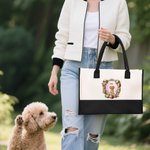 Gepersonaliseerde Aquarel Vintage Bloemen Frame Huisdier Portret Grote Canvas Tas met Naam Reizen Verjaardagscadeau voor Vrouwen Huisdierliefhebbers