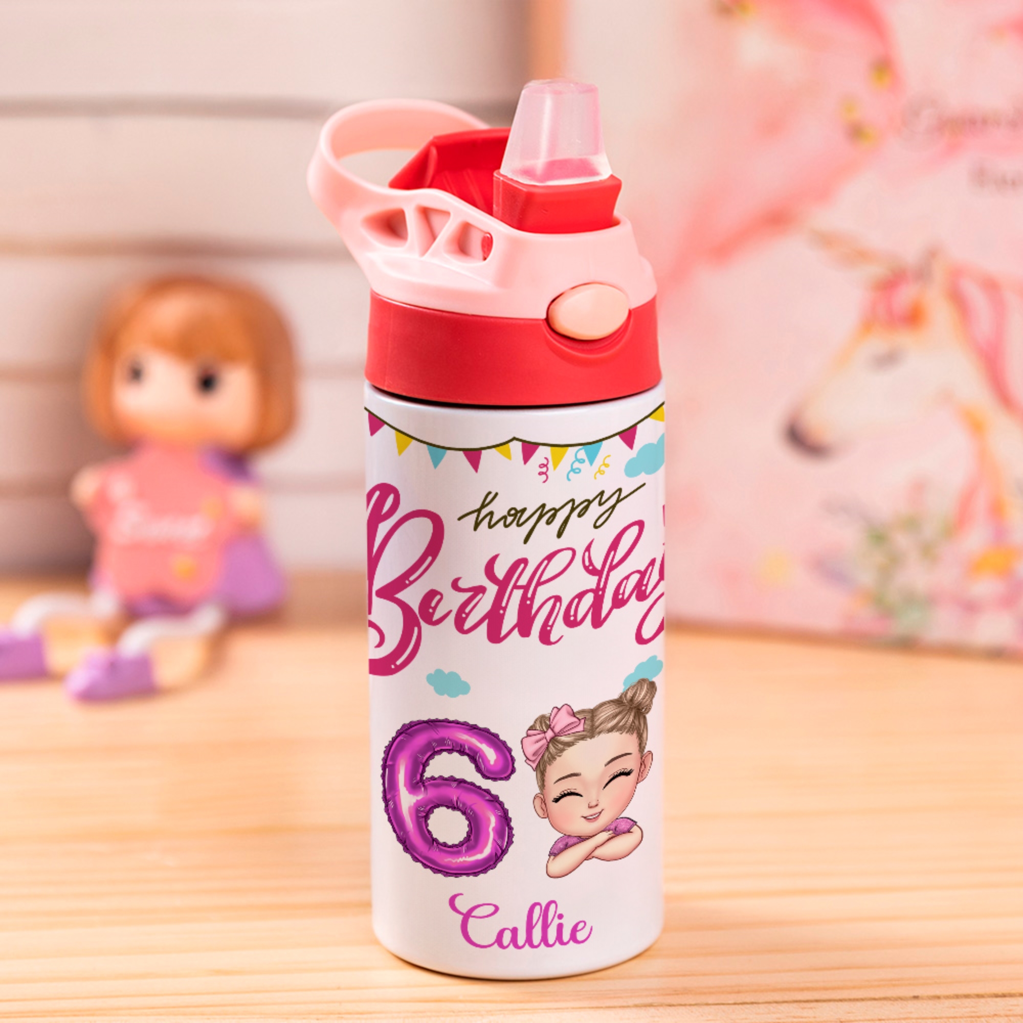 Bouteille d'eau isotherme 12 oz personnalisée avec poignée et paille en silicone pour les enfants Cadeau d'anniversaire pour la rentrée scolaire pour les garçons et les filles
