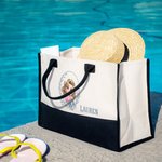 Personalized Blue Birth Flower Cartoon Character Black and White Canvas Tote Bag with Name Travel Essentials Birthday Wedding Gift for Women Girls