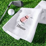 Personalised Embroidered Golf Pattern Absorbent Waffle Towel with Name and Hanging Clip Sports Accessories Birthday Gift for Golf Lovers