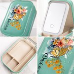 Boîte à bijoux en cuir PU avec nom et miroir de maquillage LED de couleur changeante Cadeau d'anniversaire et de mariage pour femmes