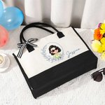 Personalized Blue Birth Flower Cartoon Character Black and White Canvas Tote Bag with Name Travel Essentials Birthday Wedding Gift for Women Girls