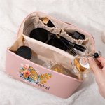 Personalised Birth Flower Butterfly Wide Opening PU Leather Makeup Bag with Name Travel Essentials Birthday Anniversary Gift for Women