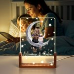 Personalisierte Mond Stern Mutter Kind zurück Ansicht Cartoon LED-Nachtlicht mit hölzernen Basis Name und Text Muttertag Geburtstag Geschenk für Mutter Kinder