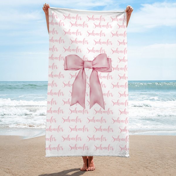 Gepersonaliseerde Roze Kokette Strik Sneldrogend Oversized Strandlaken met Naam Zomer Vakantie Zwembad Feest Cadeau voor Meisjes Vrienden
