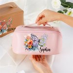 Personalised Birth Flower Butterfly Wide Opening PU Leather Makeup Bag with Name Travel Essentials Birthday Anniversary Gift for Women
