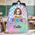 Personalized Cute Cartoon Character Plaid Backpack with Name and Side Pockets Birthday Back to School Gift for Boys Girls