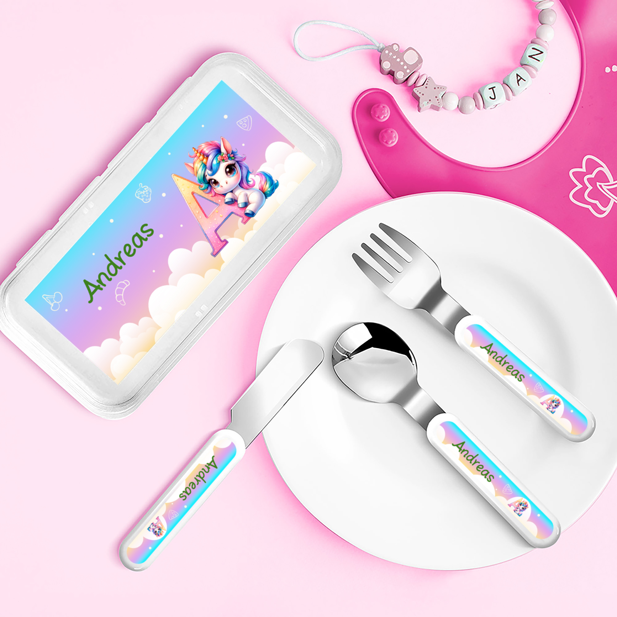 Set de Couverts 3 Pièces Personnalisé avec Nom Initiale Style Licorne Fantastique Étui en Plastique Cadeau Anniversaire Rentrée Scolaire pour Enfant