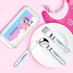 Set de Couverts 3 Pièces Personnalisé avec Nom Initiale Style Licorne Fantastique Étui en Plastique Cadeau Anniversaire Rentrée Scolaire pour Enfant