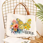 Personalised Birth Flower Butterfly Canvas Tote Bag with Name and Leather Handle Travel Essentials Birthday Anniversary Gift for Women