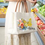 Personalised Birth Flower Butterfly Canvas Tote Bag with Name and Leather Handle Travel Essentials Birthday Anniversary Gift for Women