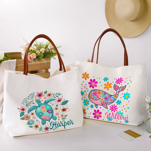 Personalised Floral Turtle Seahorse Whale Dolphin Canvas Tote Bag with Name and Leather Handle Party Birthday Gift for Women