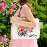 Personalised Birth Flower Butterfly Canvas Tote Bag with Name and Leather Handle Travel Essentials Birthday Anniversary Gift for Women