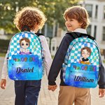 Personalized Cute Cartoon Character Plaid Backpack with Name and Side Pockets Birthday Back to School Gift for Boys Girls