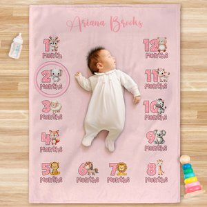Personalisierte niedliche Tier monatlich Meilenstein Decke mit Namen Foto Prop Geburtstag Baby Dusche Geschenk für Neugeborene