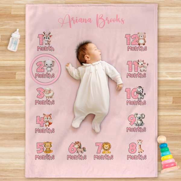 Personalised Cute Animal Monthly Milestone Blanket with Name Photo Prop Birthday Baby Shower Gift for Newborns