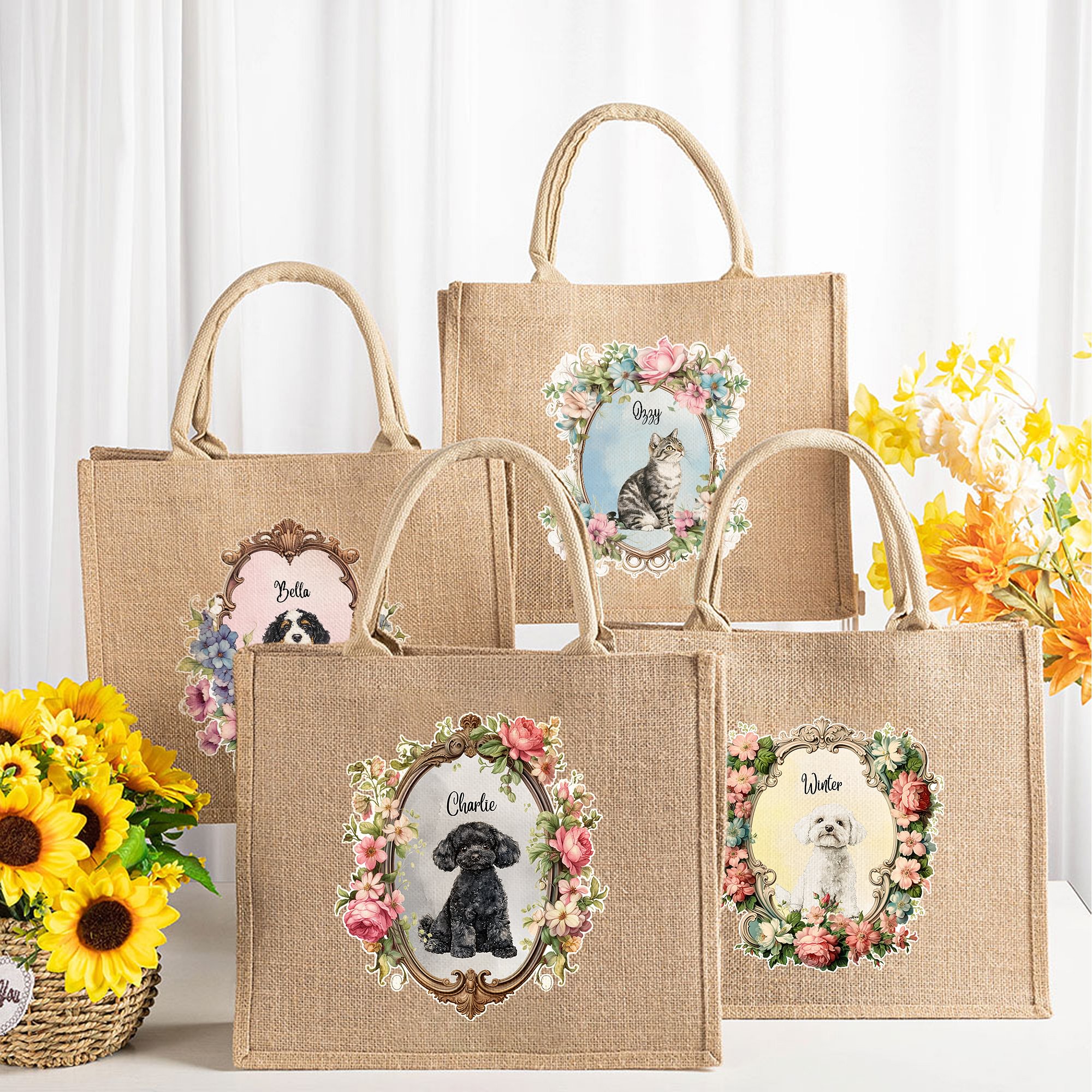 Sac Fourre-Tout en Jute Personnalisé avec Motif de Chien Chat et Nom Cadeau Anniversaire pour Amoureux des Animaux de Compagnie
