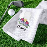 Personalised Embroidered Golf Ball Flower Absorbent Golf Towel with Text and Hanging Clip Game Day Birthday Gift for Golf Player Lover