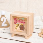Ballon personnalisé Happy Birthday Cartoon Kid Wooden Clear Money Box Piggy Bank with Name Desk Decor Birthday Gift for Boys Girls