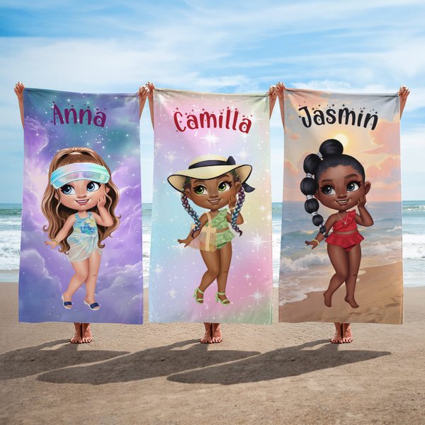 Asciugamano da spiaggia personalizzato con ragazza alla moda rapida asciugatura oversize con nome viaggio regalo per ragazze e donne
