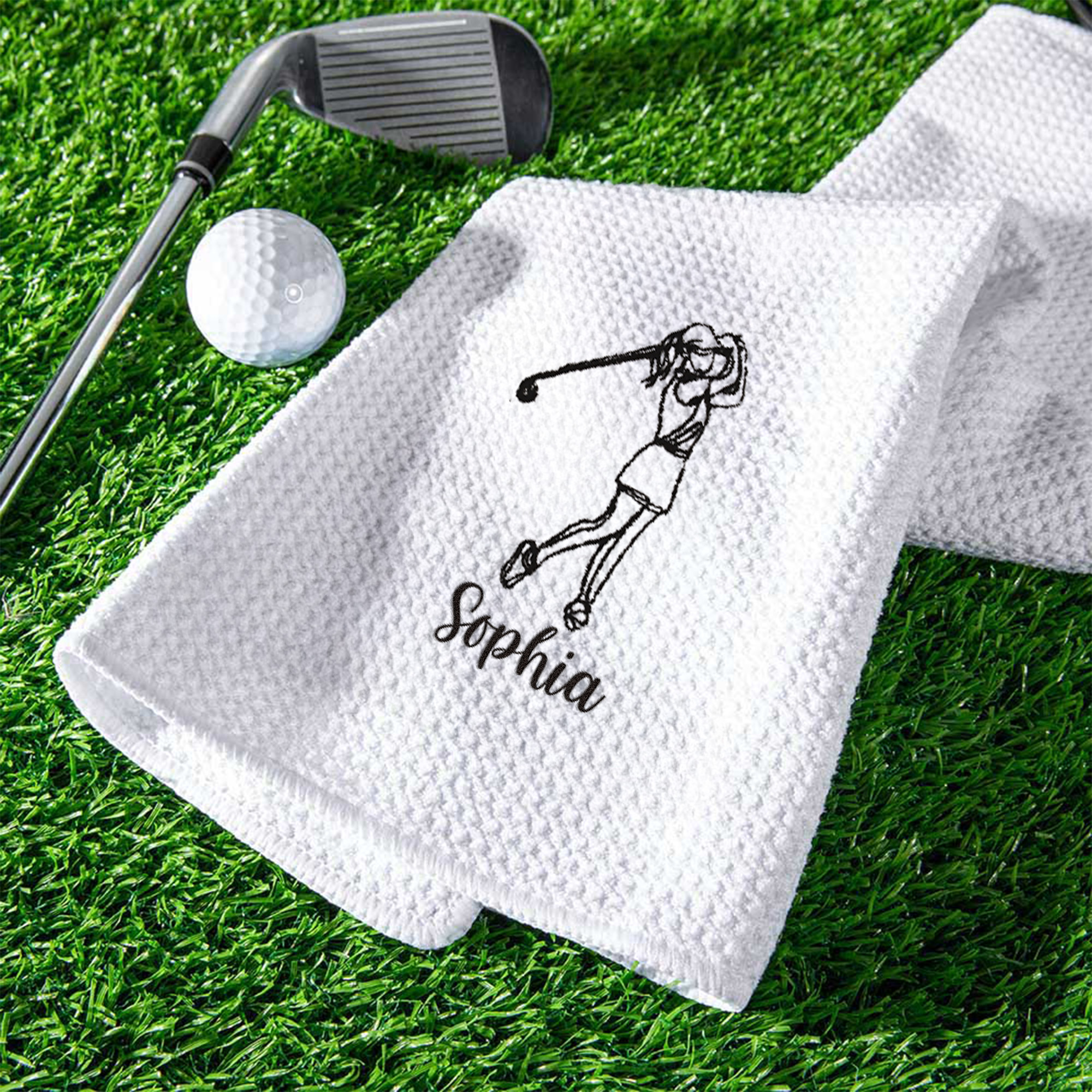 Serviette de golf absorbante brodée avec nom et clip de suspension Accessoires de sport Cadeau d'anniversaire pour femme fille
