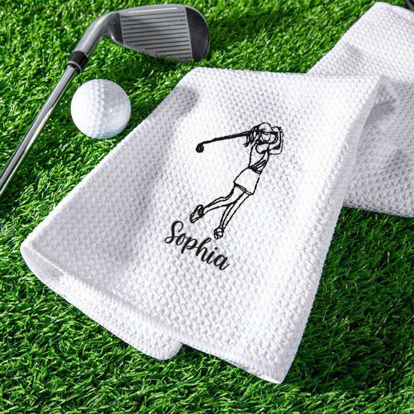 Personalized Embroidered Golfer Design Absorbent Golf Towel with Name and Hanging Clip Sport Accessories Birthday Gift for Women Girl