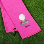 Personalised Embroidered Golf Ball Flower Absorbent Golf Towel with Text and Hanging Clip Game Day Birthday Gift for Golf Player Lover