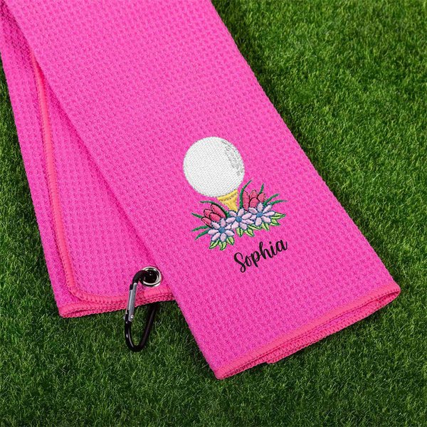 Personalised Embroidered Golf Ball Flower Absorbent Golf Towel with Text and Hanging Clip Game Day Birthday Gift for Golf Player Lover