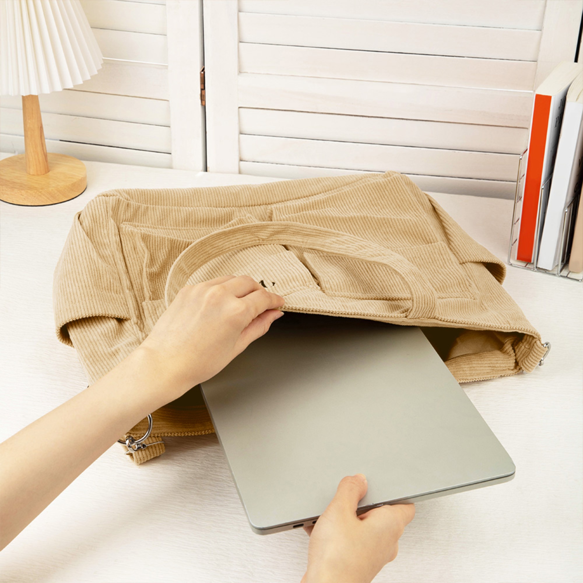 Borsa Tote In Velluto A Coste Da Donna Con Più Tasche | Borsa Casual Di Grande Capacita Per Lavoro E Viaggio