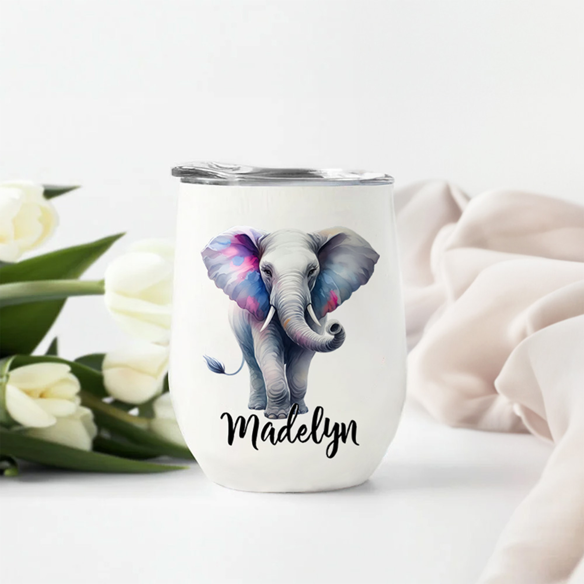 Personnalisé Aquarelle Eléphant 12 oz isolant vin Tumbler avec nom et couvercle anti-débordement Anniversaire Cadeau de voyage pour la famille et les amis