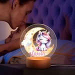 Luz nocturna LED acrílica personalizada con nombre y  diseño de luna y unicornio de fantasía base de madera regalo de cumpleaños para niñas y mujeres