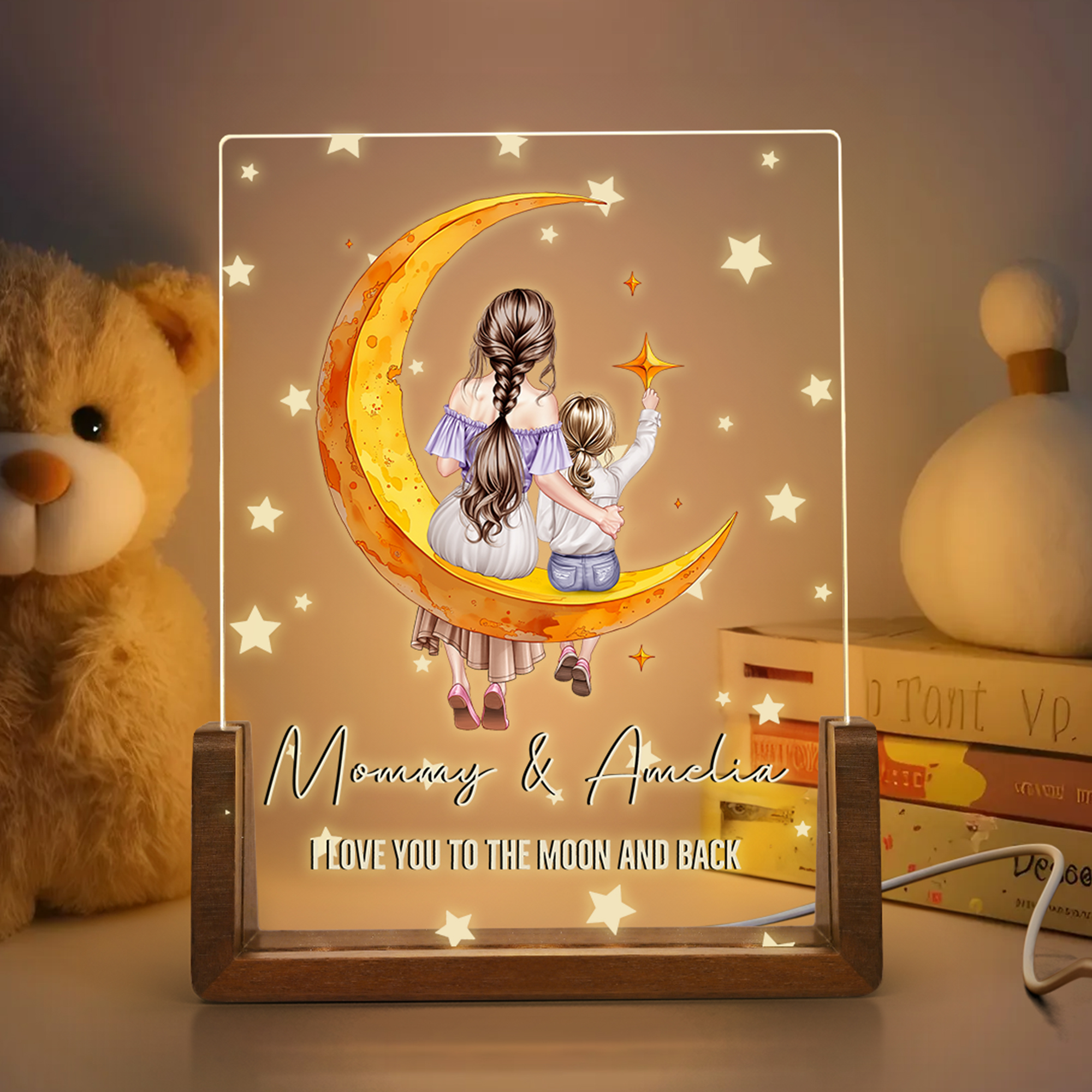Veilleuse LED personnalisée Lune Etoile Maman Enfant Vue de dos avec socle en bois Nom et Texte Fête des Mères Cadeau d'Anniversaire pour Mère Enfants