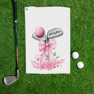 Personalized Golf Club Bow Flower Quick Dry Waffle Sport Towel with Name and Hanging Clip Game Day Birthday Gift for Women Golf Lover