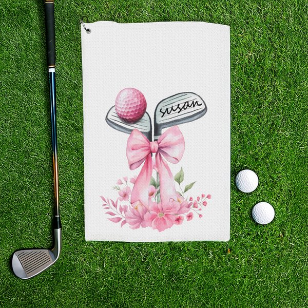 Personalized Golf Club Bow Flower Quick Dry Waffle Sport Towel with Name and Hanging Clip Game Day Birthday Gift for Women Golf Lover