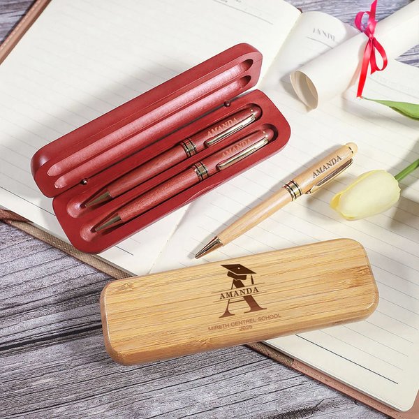 Personalised Engraved Graduation Cap Initial Wooden Ballpoint Pen and Case Set with Name School Name and Year Graduation Gift for Graduates