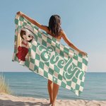 Serviette de plage surdimensionnée à carreaux personnalisée avec nom Travel Essentials Summer Vacation Birthday Gift for Girl Woman