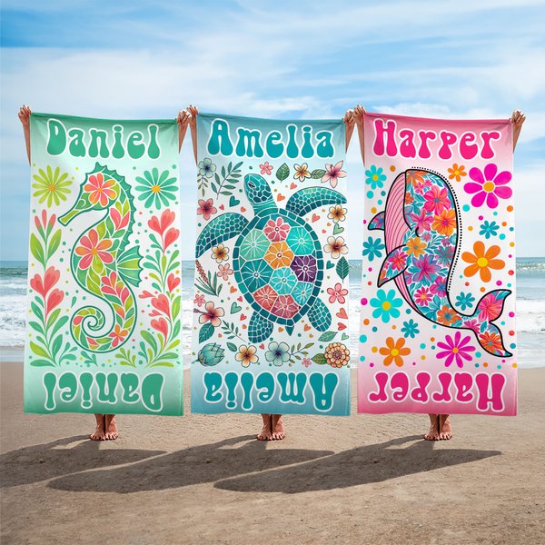 Personalised Floral Turtle Seahorse Whale Dolphin Quick Dry Beach Towel with Name Summer Vacation Accessories Birthday Gift for Family Friend