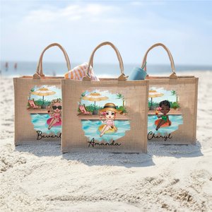 Personalized Pool Vacation Cartoon Girl Large Capacity Jute Tote Bag with Name Travel Essential Holiday Birthday Gift for Women