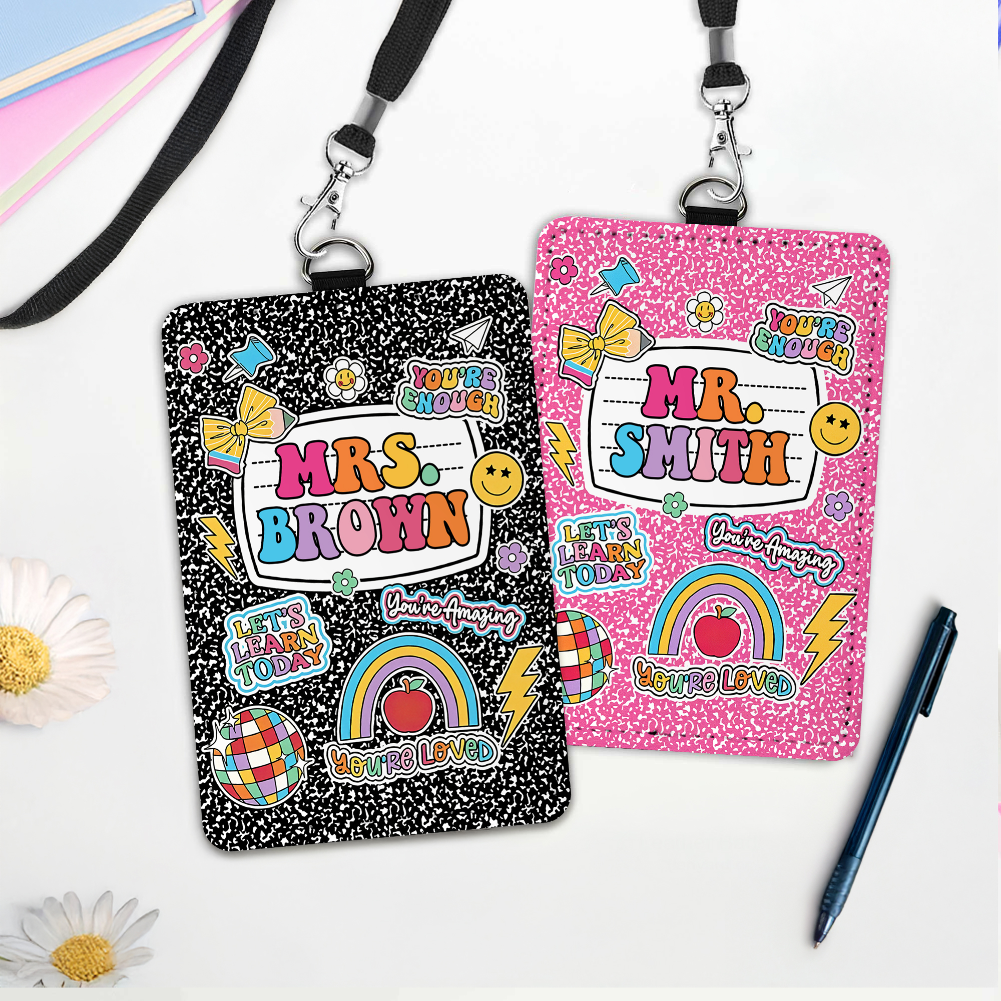 Porte carte d'identité en cuir PU avec texte et lanière Cadeau pour la journée de l'école pour l'enseignant