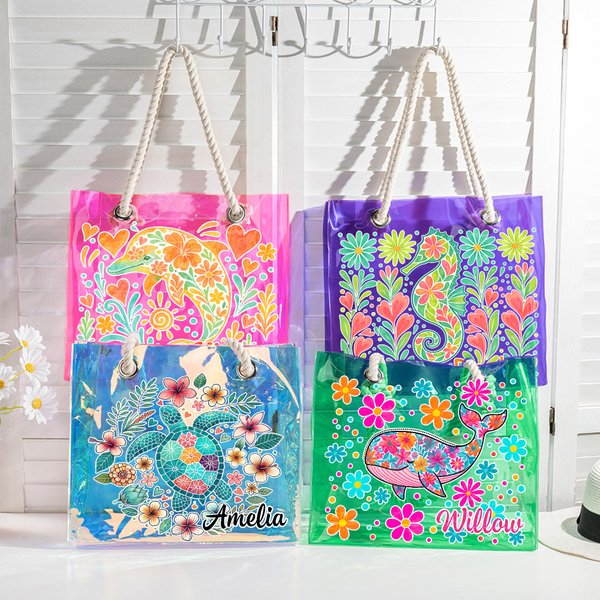 Personalised Marine Animals Flowers Waterproof Holographic Clear Tote Bag with Name Beach Accessories Birthday Anniversary Gift for Women