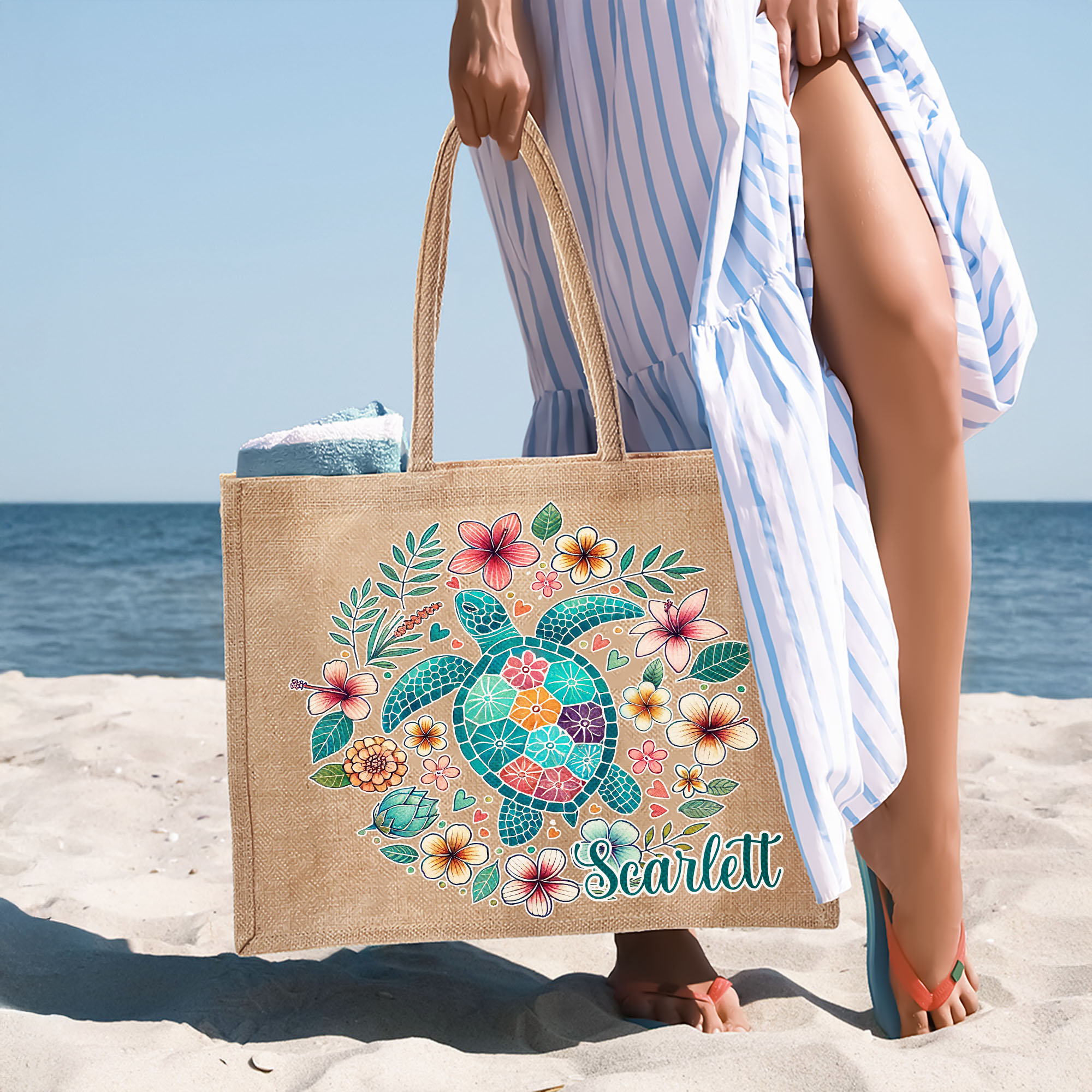Personalised Marine Animal Patterns Large Jute Tote Bag with Name Beach ...