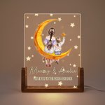 Personalisierte Mond Stern Mutter Kind zurück Ansicht Cartoon LED-Nachtlicht mit hölzernen Basis Name und Text Muttertag Geburtstag Geschenk für Mutter Kinder