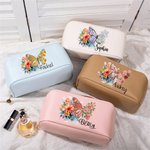 Personalised Birth Flower Butterfly Wide Opening PU Leather Makeup Bag with Name Travel Essentials Birthday Anniversary Gift for Women